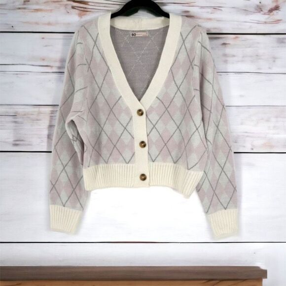 SO Sweaters - SO Long Sleeve Button Cropped Cardigan Sweater Light Pink Gray Plaid Medium NWT